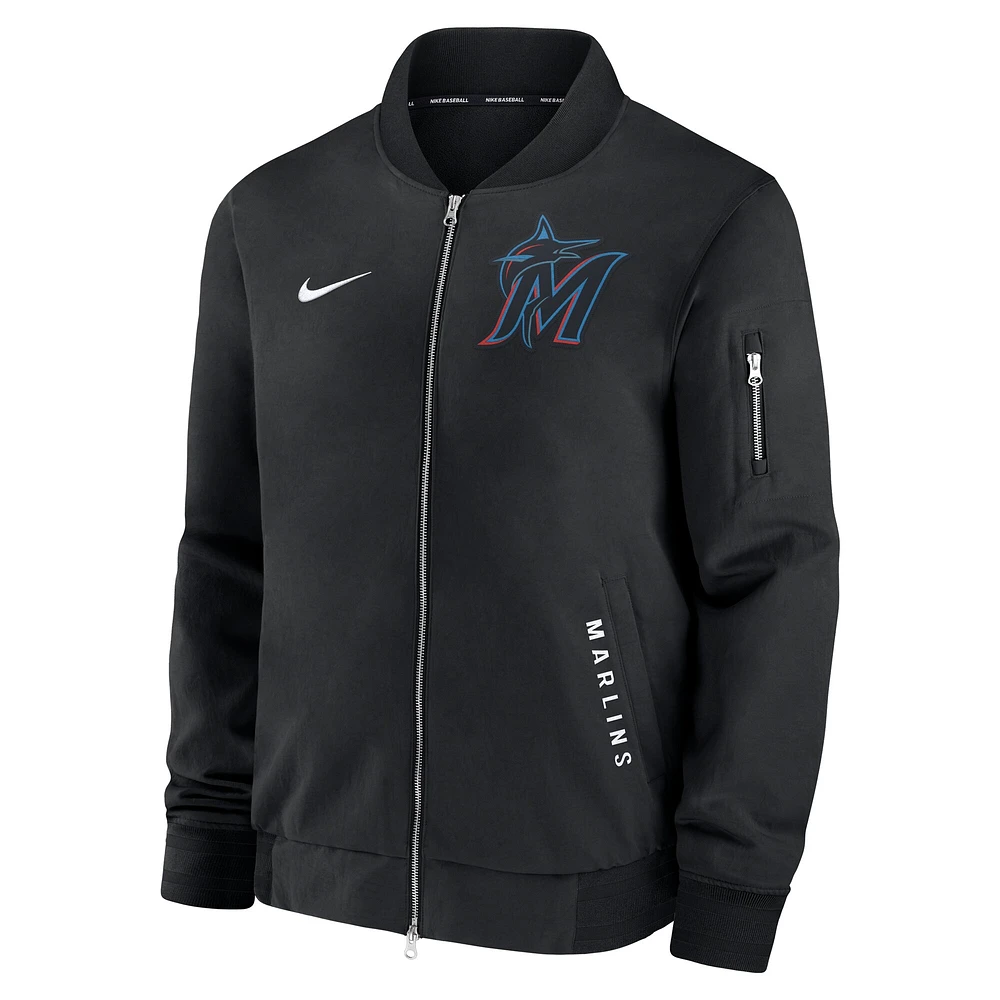 Veste aviateur entièrement zippée Nike Miami Marlins Authentic Collection Dugout pour homme noire