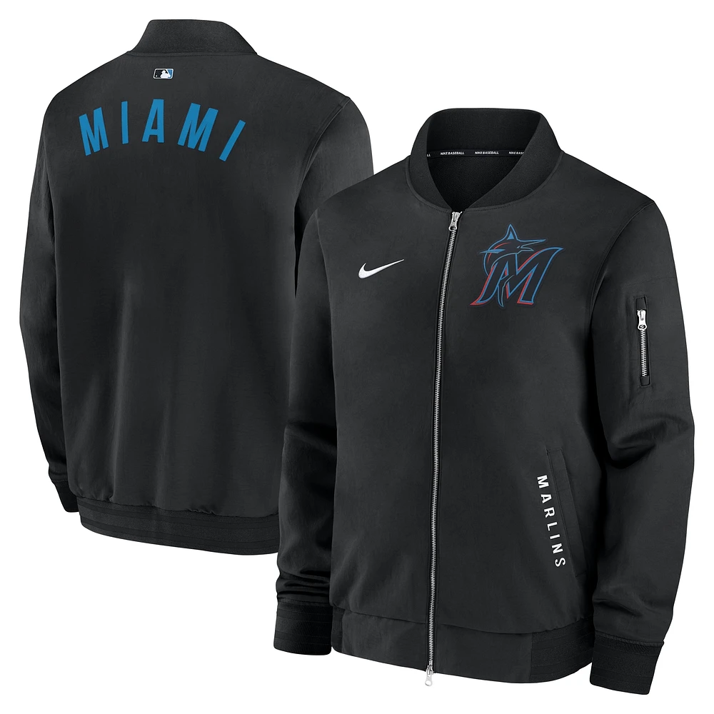 Veste aviateur entièrement zippée Nike Miami Marlins Authentic Collection Dugout pour homme noire