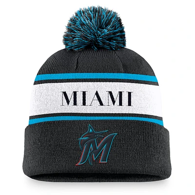 Bonnet en tricot à revers et pompon Nike Black Miami Marlins Team Stripe Peak pour homme