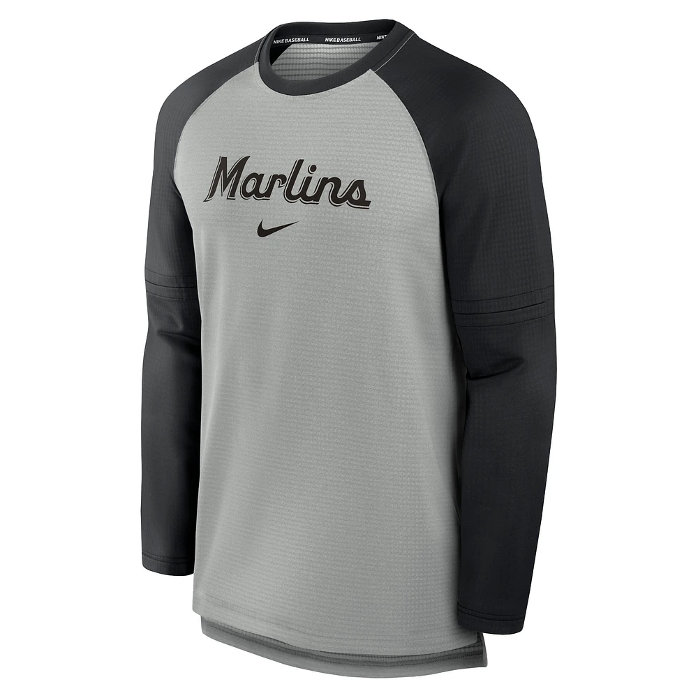 Men's Nike Heather Gray/Black Miami Marlins Authentic Collection Game Time Raglan Performance Long Sleeve T-Shirt