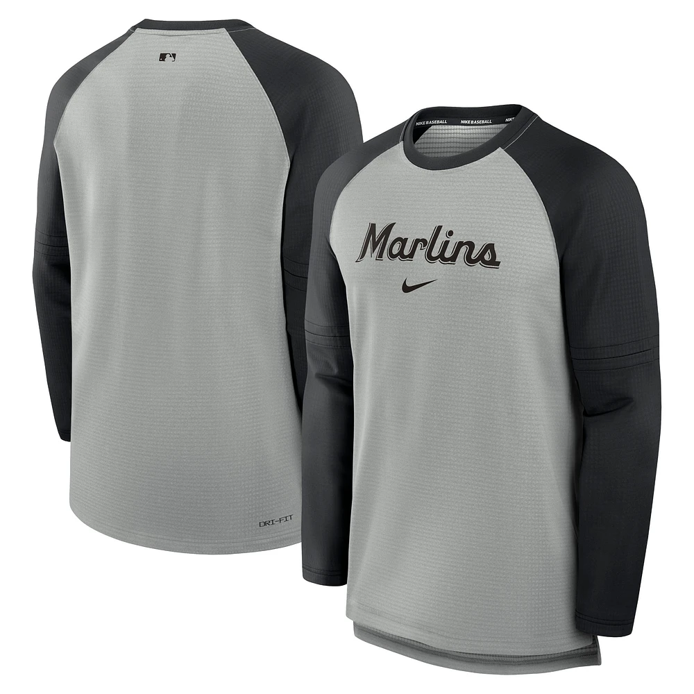 Men's Nike Heather Gray/Black Miami Marlins Authentic Collection Game Time Raglan Performance Long Sleeve T-Shirt