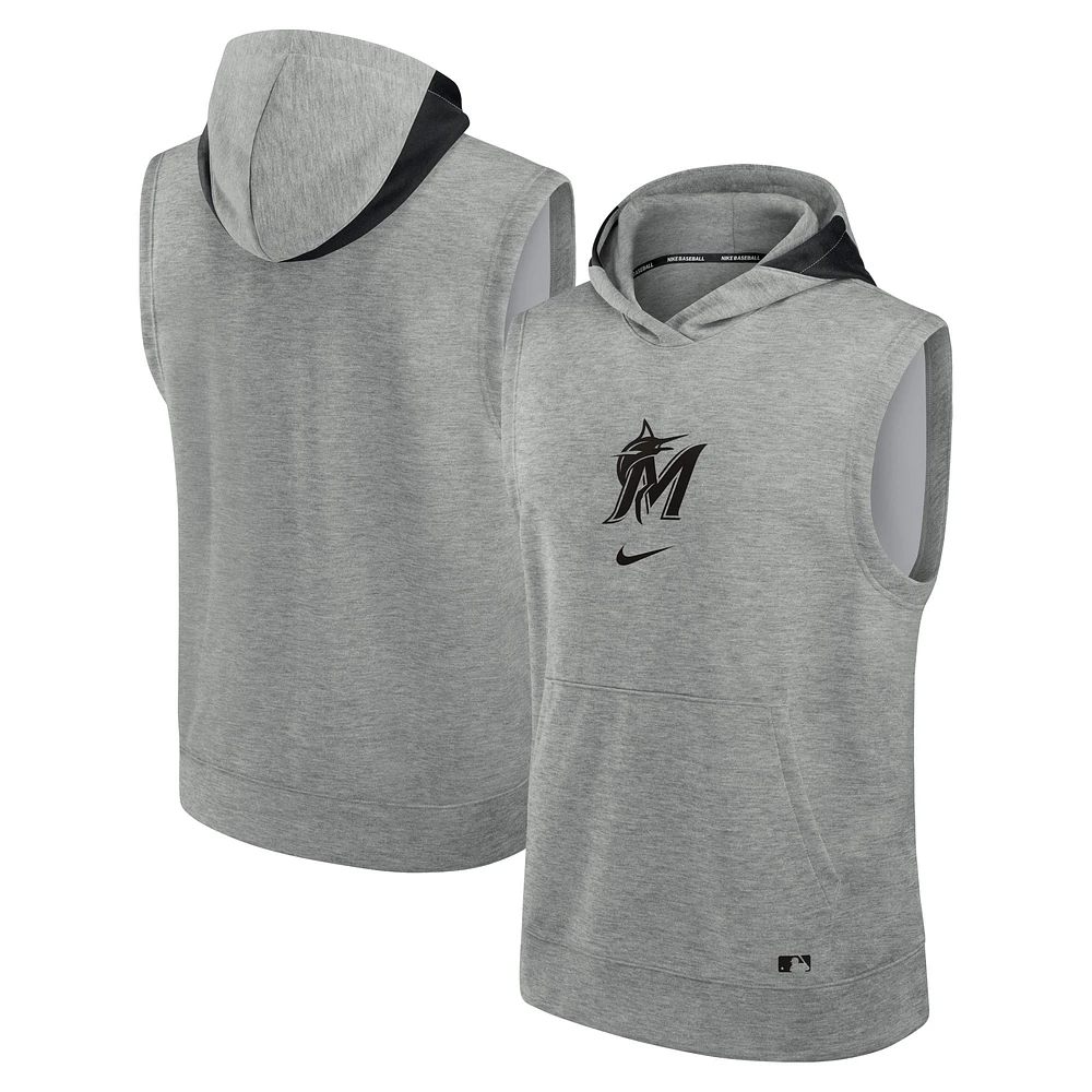 Sweat à capuche sans manches Nike pour hommes, gris chiné, Miami Marlins, collection authentique, Early Work Performance