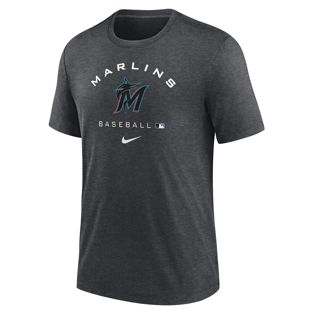 T-shirt de performance triple mélange Nike Heathered Charcoal Miami Marlins Authentic Collection pour hommes