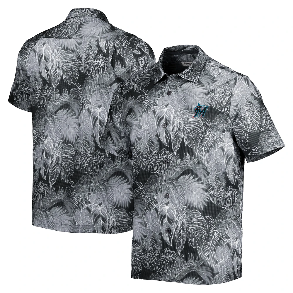 Chemise de camp boutonnée Tommy Bahama noire Miami Marlins Coast luminescent Fronds IslandZone pour hommes