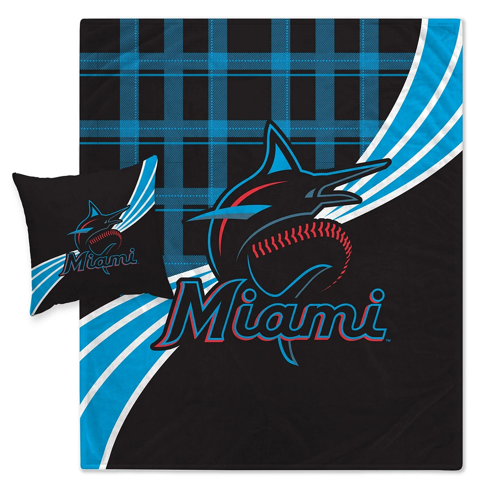 Ensemble de couverture légère et oreiller Miami Marlins Plaid Wave