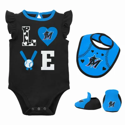 Miami Marlins Newborn & Infant Three-Piece Love of Baseball Bib, Bodysuit Booties Set - Black/Blue