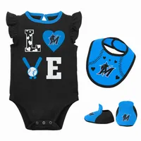 Ensemble trois pièces pour nouveau-né et bébé Miami Marlins Love of Baseball Bib Body chaussons noir/bleu