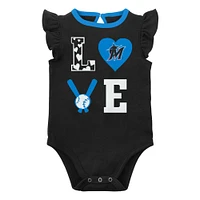 Ensemble trois pièces pour nouveau-né et bébé Miami Marlins Love of Baseball Bib Body chaussons noir/bleu