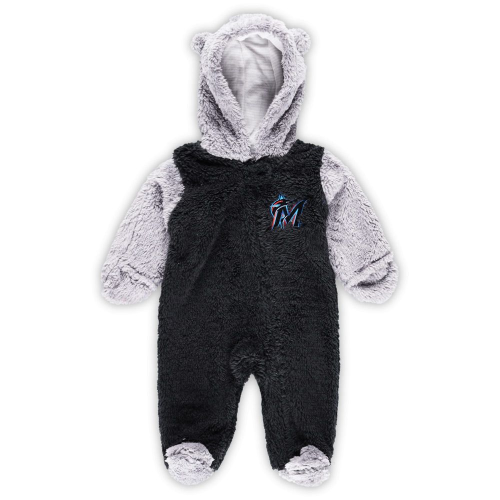 Newborn and Infant Black/Gray Miami Marlins Game Nap Teddy Fleece Bunting Full-Zip Sleeper