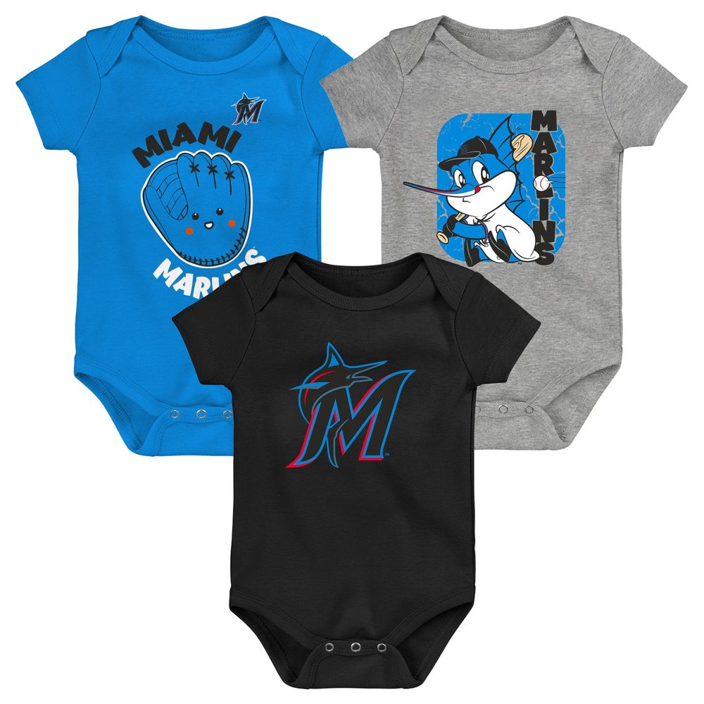 Newborn & Infant Blue/Black/Heathered Gray Miami Marlins 3-Pack Change Up Bodysuit Set