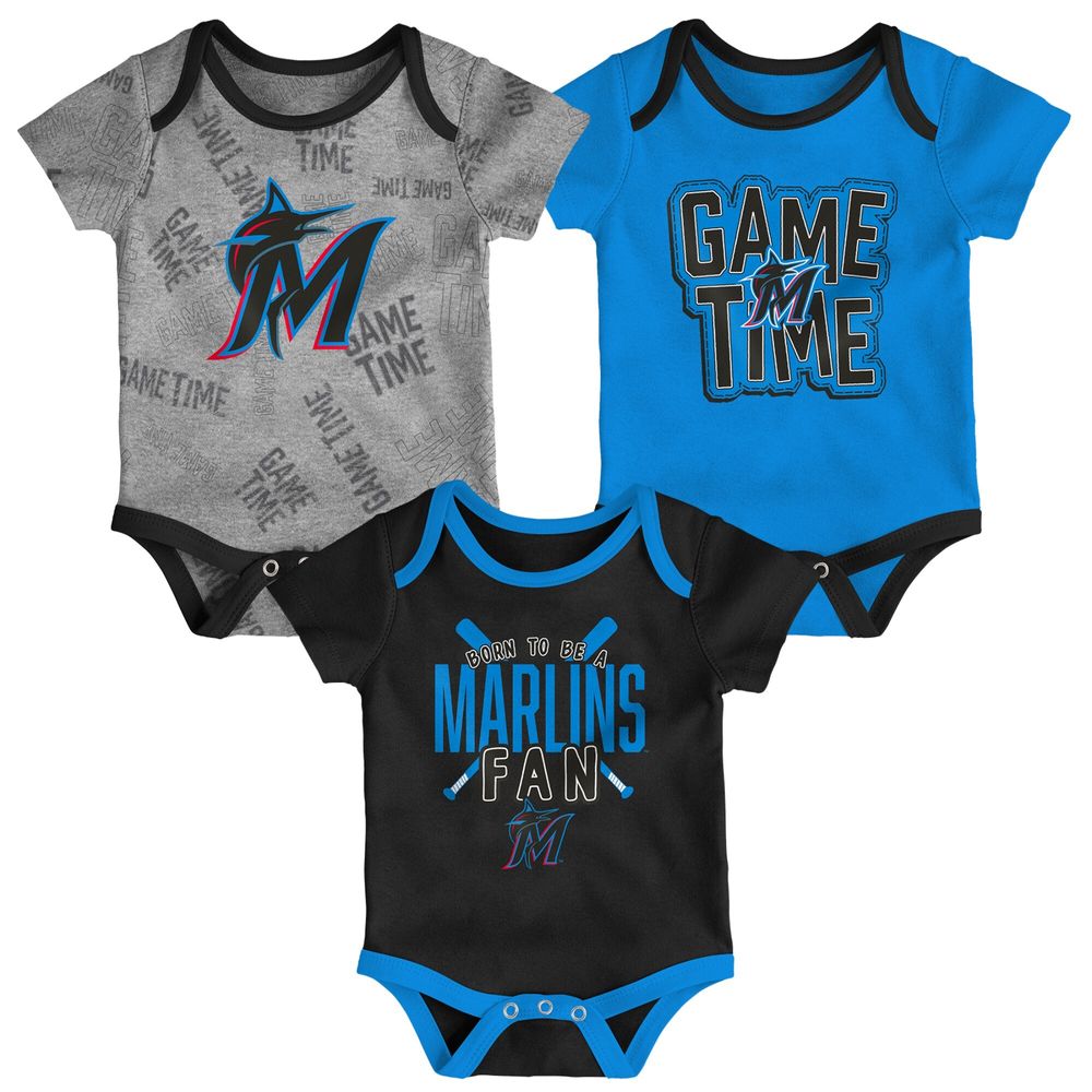 Newborn & Infant Miami Marlins Black/Blue/Heathered Gray Game Time Three-Piece Bodysuit Set