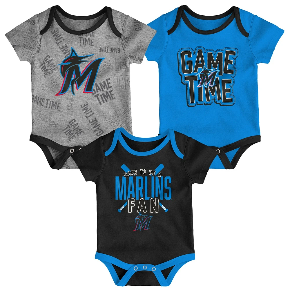 Nouveau-né et nourrisson Miami Marlins Noir/Bleu/Gris chiné Ensemble de body trois pièces Game Time