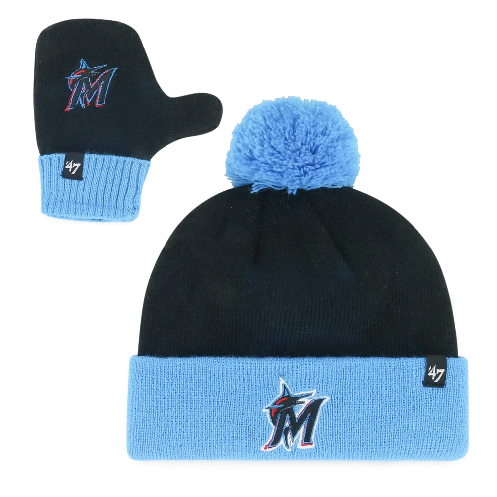 Ensemble bonnet à revers Bam Bam en tricot noir '47 des Marlins de Miami pour tout-petit avec pompon et moufles