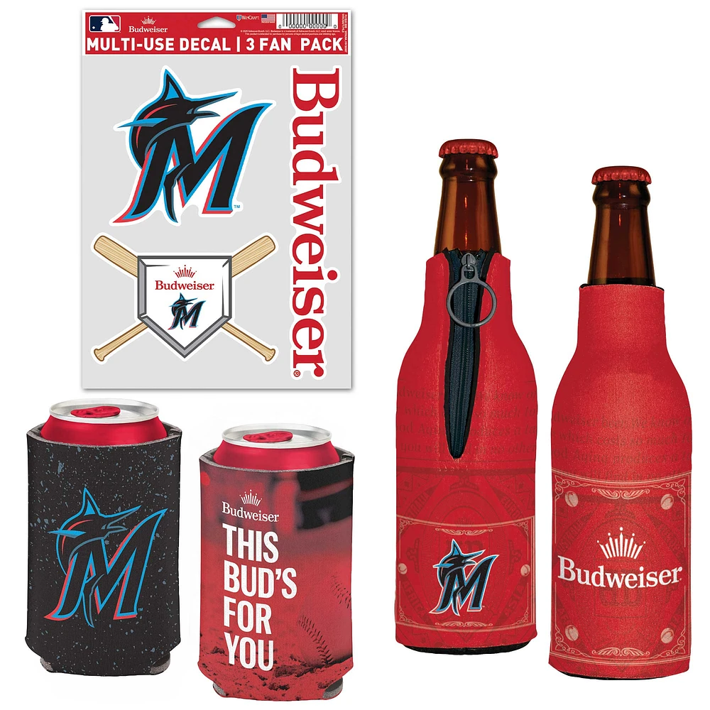 WinCraft Miami Marlins MLB x Budweiser Refroidisseur de canettes, refroidisseur de bouteilles et pack d'autocollants