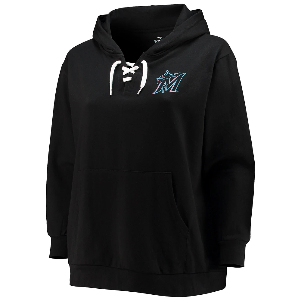 Women's Black Miami Marlins Plus Lace-Up V-Neck Pullover Hoodie