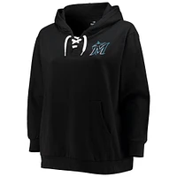 Women's Black Miami Marlins Plus Lace-Up V-Neck Pullover Hoodie