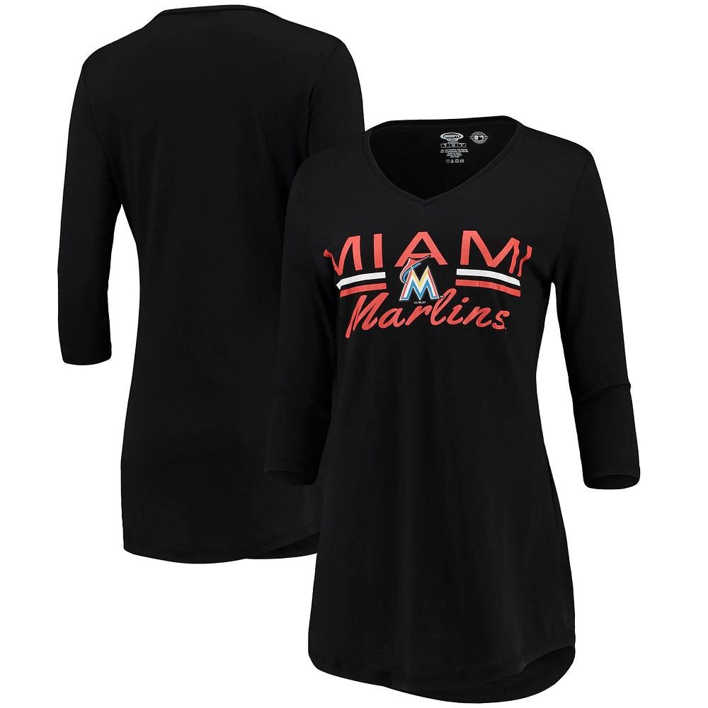 Chemise de nuit à manches 3/4 et col en V Miami Marlins Duo Concepts Sport pour femmes, noir