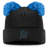 Bonnet en tricot à revers à double pompon Fanatics noir/bleu Miami Marlins pour femmes