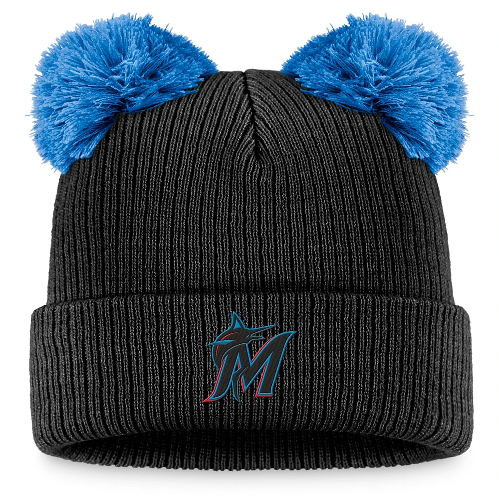 Bonnet en tricot à revers à double pompon Fanatics noir/bleu Miami Marlins pour femmes