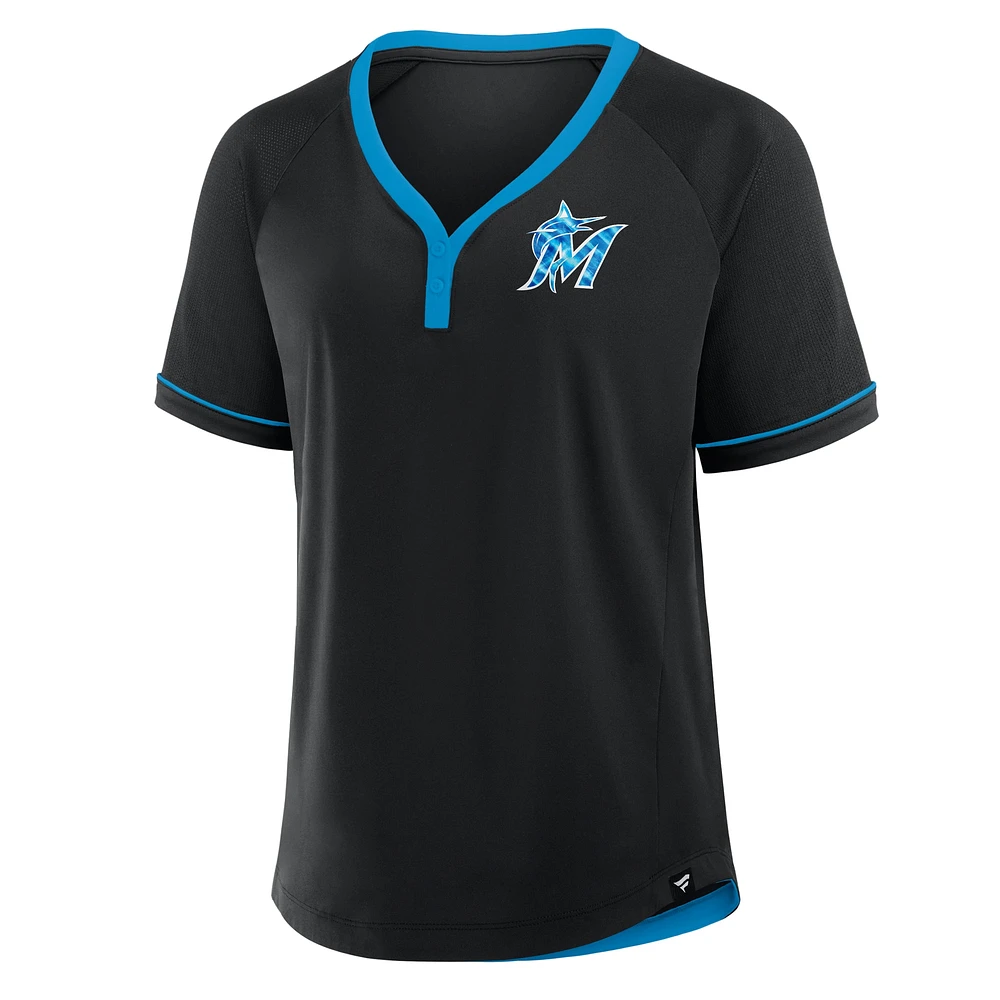 T-shirt à col en V raglan noir pour femme Miami Marlins League Diva Star Fanatics