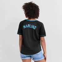 T-shirt à col en V raglan noir pour femme Miami Marlins League Diva Star Fanatics