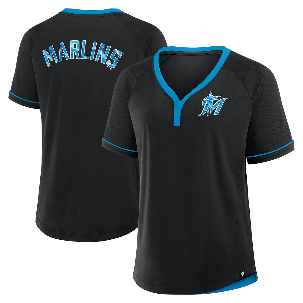 T-shirt à col en V raglan noir pour femme Miami Marlins League Diva Star Fanatics