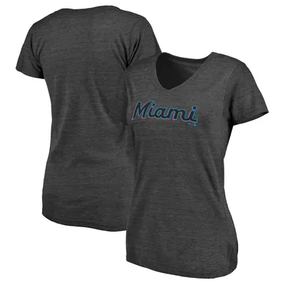 Miami Marlins Fanatics Branded Women's Wordmark Tri-Blend V-Neck T-Shirt - Heather Charcoal
