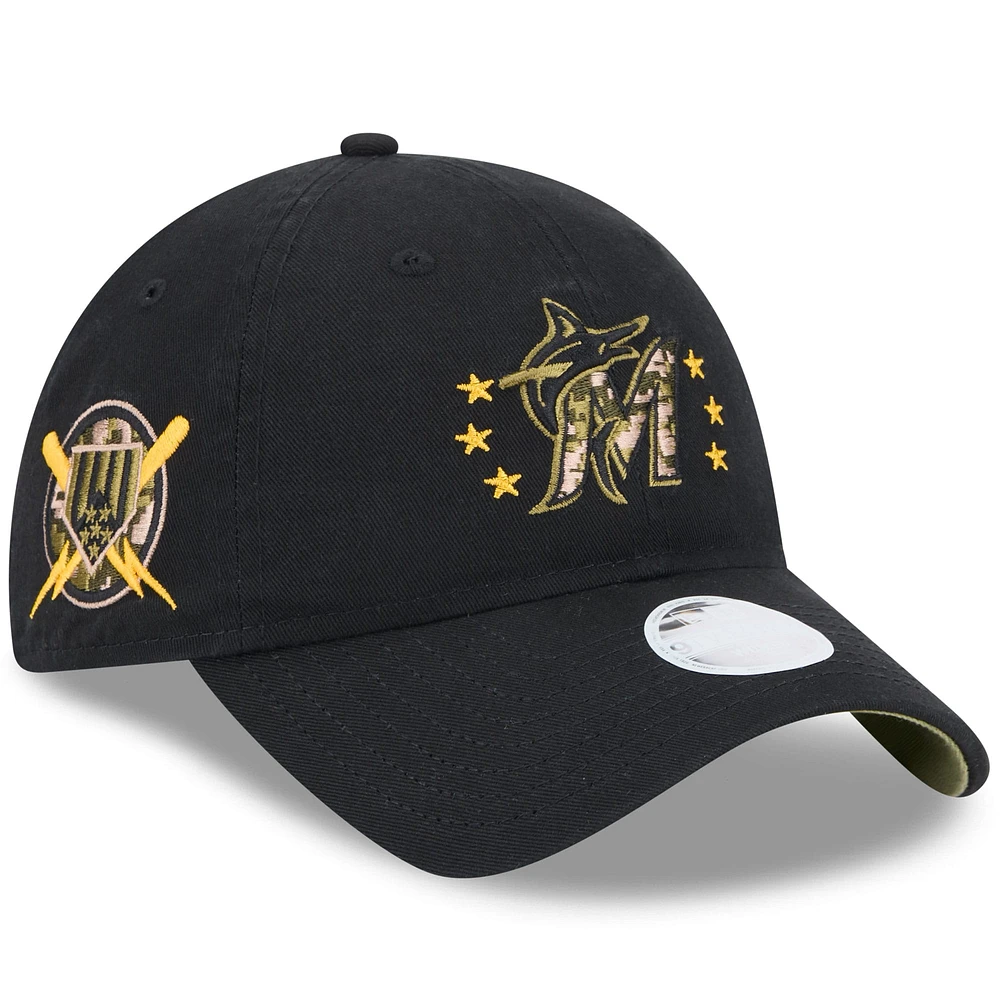 Casquette réglable New Era noire Miami Marlins 2024 Armed Forces Day 9TWENTY pour femme