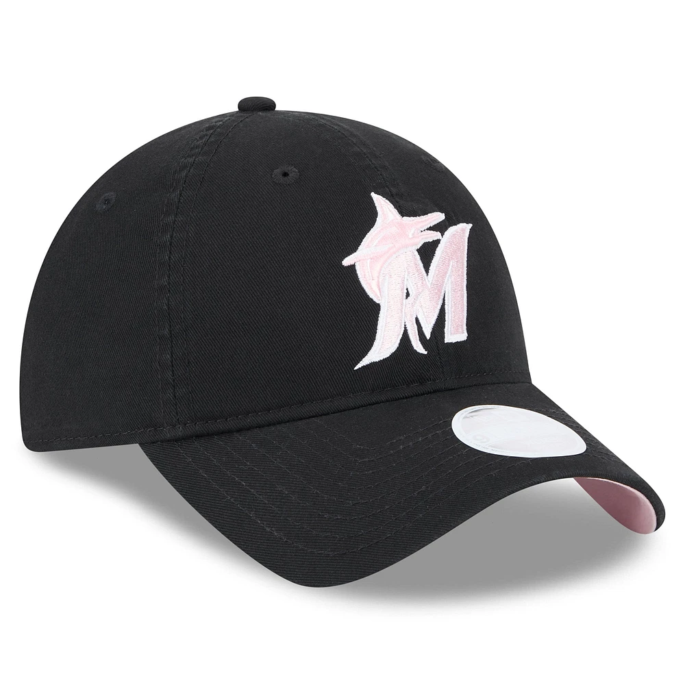 Casquette réglable noire Miami Marlins 2024 pour la fête des mères 9TWENTY New Era pour femme