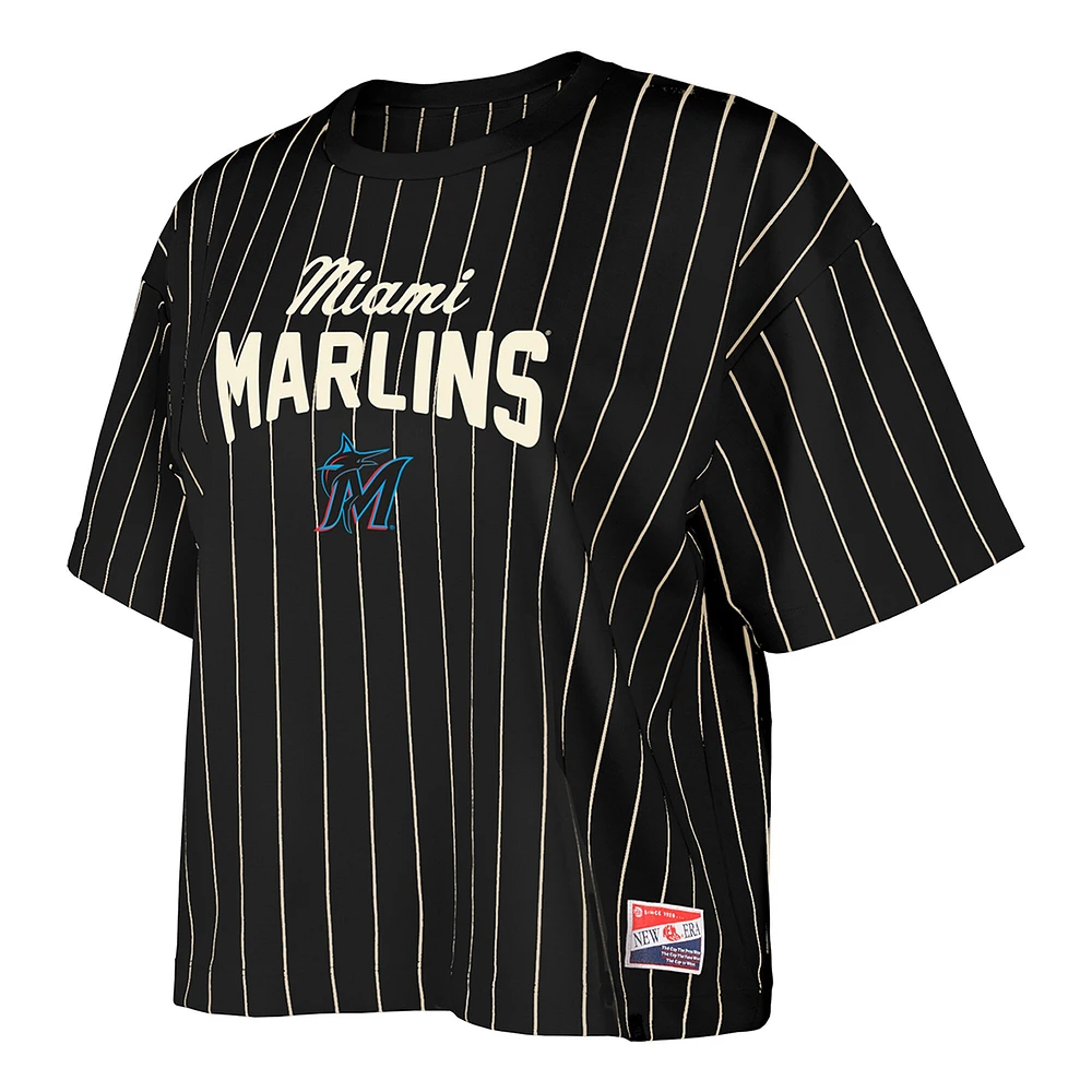 T-shirt court à rayures noires pour femme New Era Miami Marlins Cooperstown Collection Multiplier