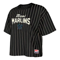 T-shirt court à rayures noires pour femme New Era Miami Marlins Cooperstown Collection Multiplier