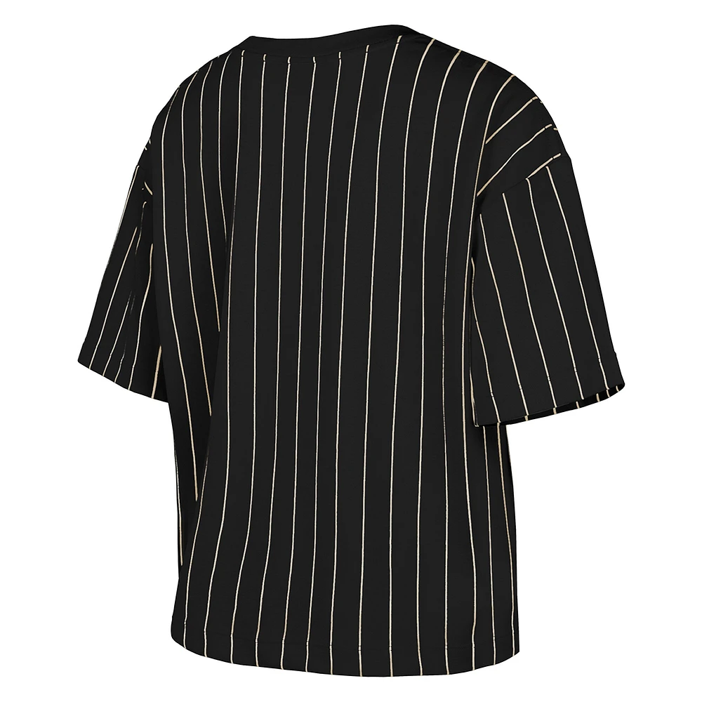 T-shirt court à rayures noires pour femme New Era Miami Marlins Cooperstown Collection Multiplier