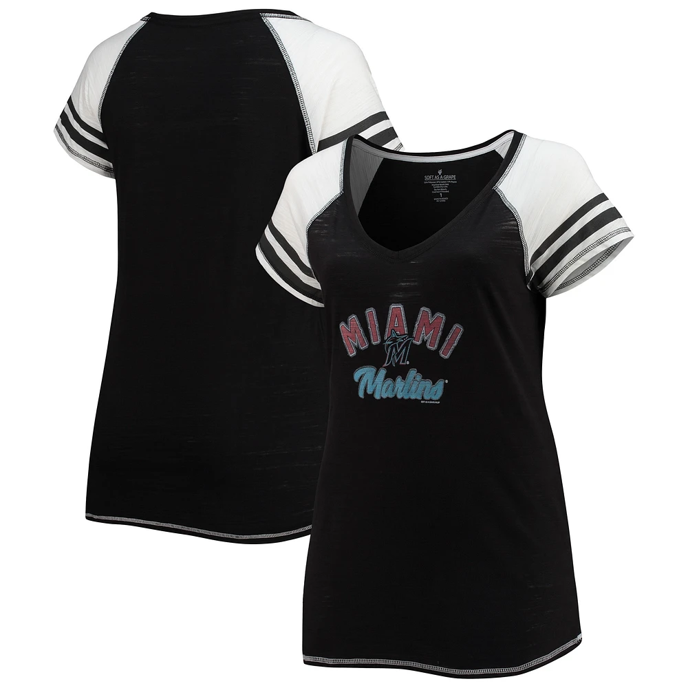 T-shirt à col en V tri-mélange raglan blocs de couleurs courbés Miami Marlins noir doux comme un raisin pour femmes