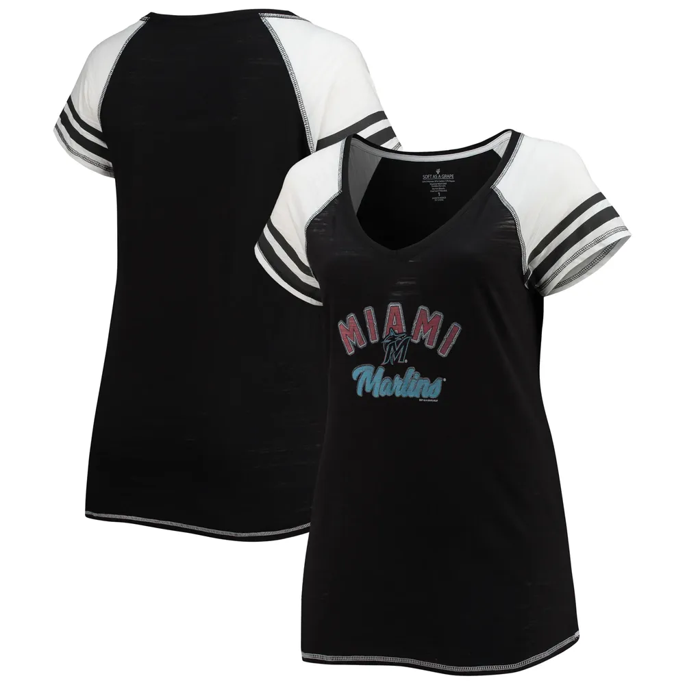 Women's Soft As A Grape Black Miami Marlins Curvy Colorblock Tri-Blend Raglan V-Neck T-Shirt