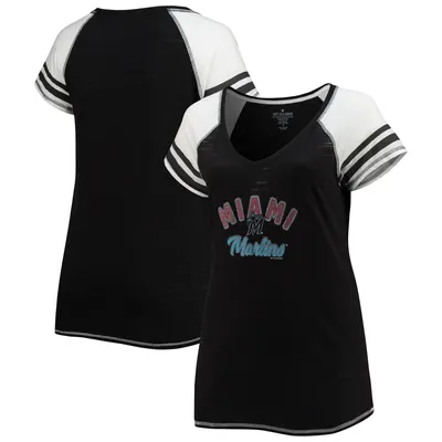 Miami Marlins Soft as a Grape Women's Curvy Colorblock Tri-Blend Raglan V-Neck T-Shirt - Black