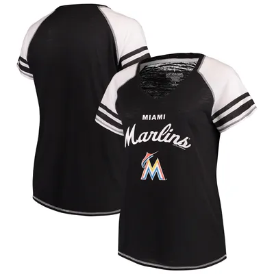 Miami Marlins Soft as a Grape Women's Plus Sizes Three Out Color Blocked Raglan Sleeve T-Shirt - Black