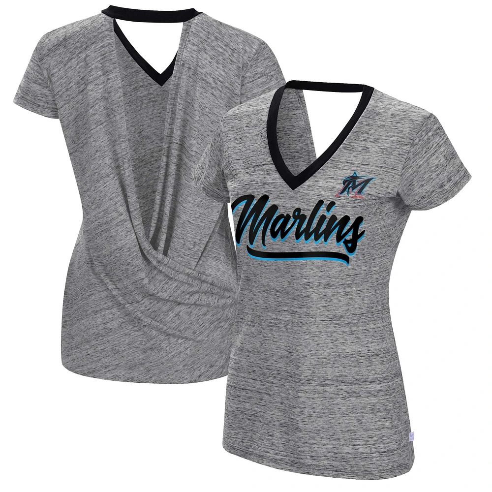 Women's Touch Black Miami Marlins Halftime Back Wrap Top V-Neck T-Shirt