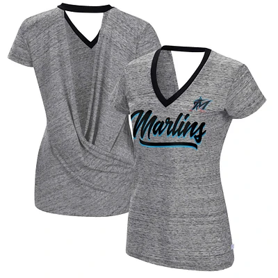 T-shirt à encolure en V pour femme Touch Black Miami Marlins Halftime Back Wrap Top