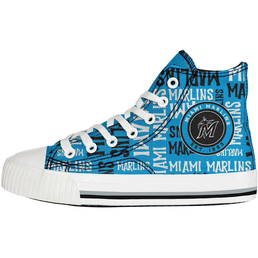 Youth FOCO Blue Miami Marlins Repeat Wordmark High Top Canvas Allover Sneakers