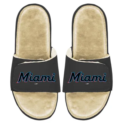 Miami Marlins ISlide Youth Faux Fur Slide Sandals - Black/Tan
