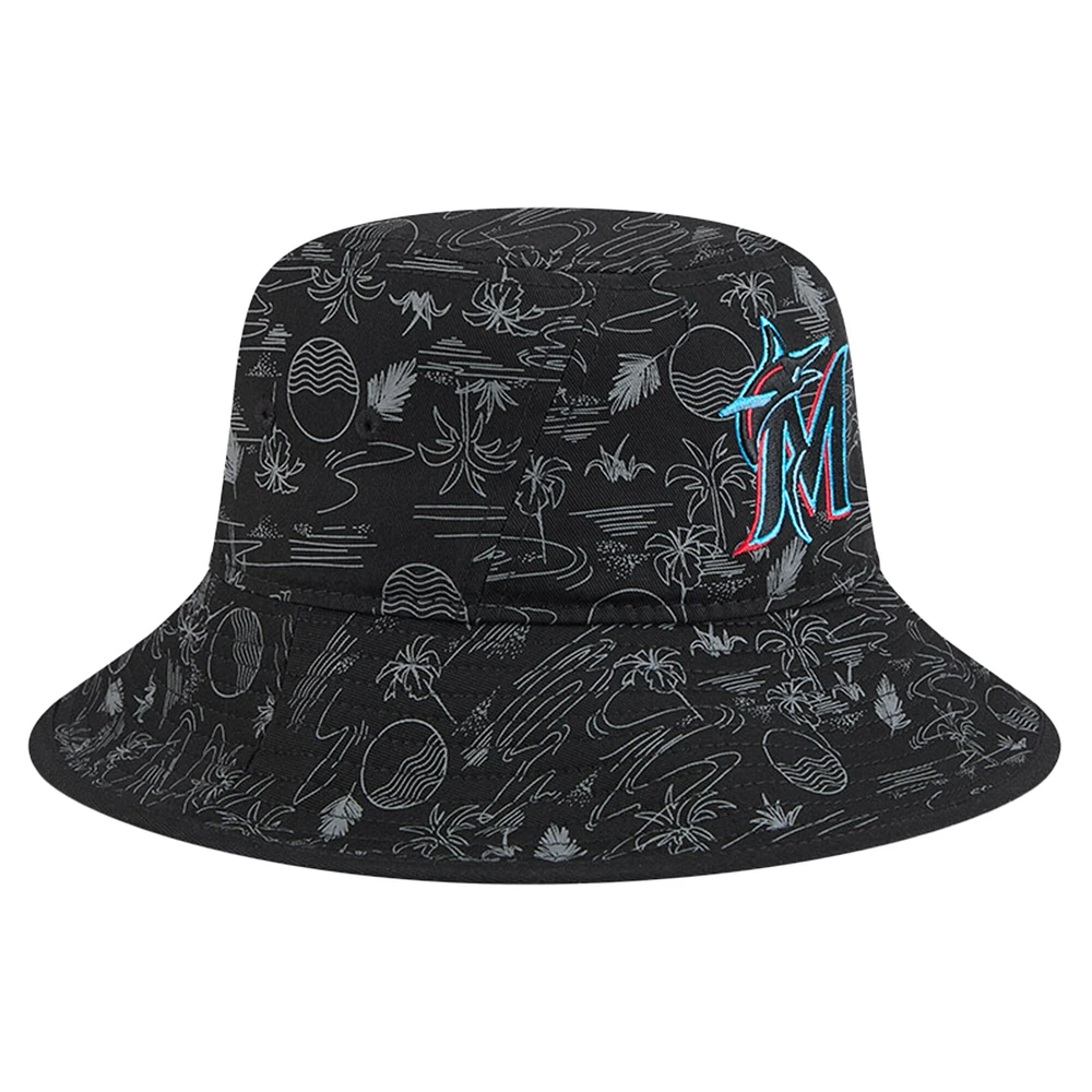 Bob New Era noir pour jeunes, imprimé intégral, entraînement de printemps 2025, des Marlins de Miami