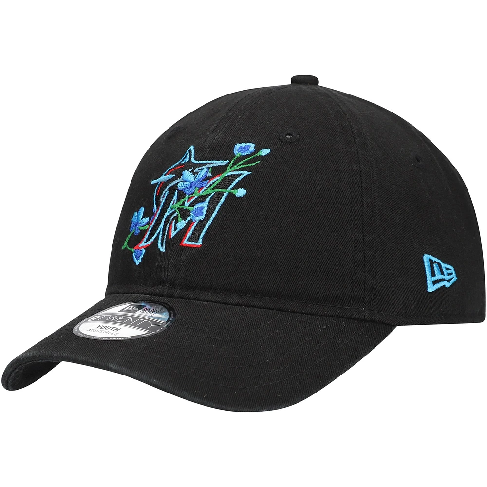 Casquette réglable noire Miami Marlins Game Day Bloom 9TWENTY pour jeune New Era