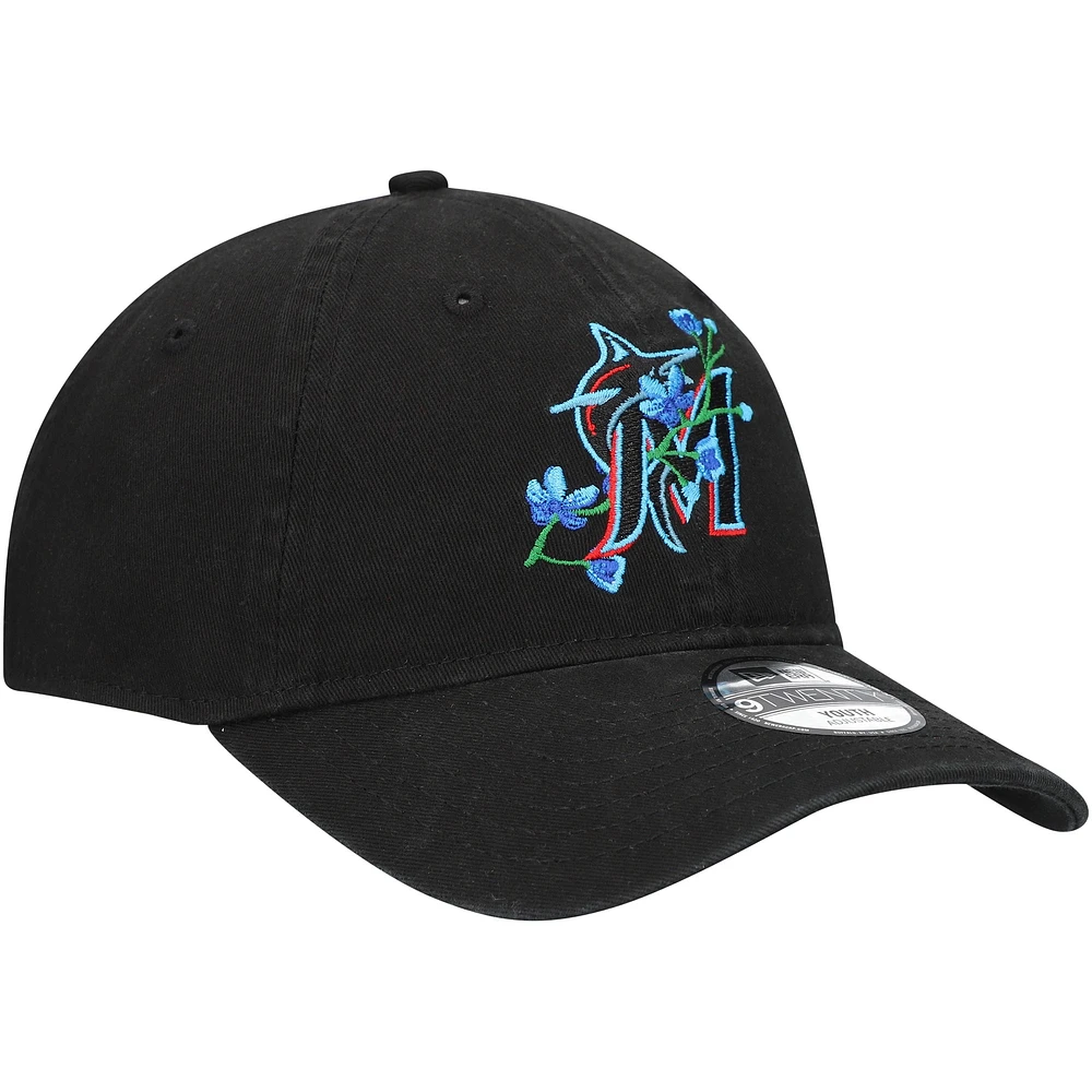 Casquette réglable noire Miami Marlins Game Day Bloom 9TWENTY pour jeune New Era