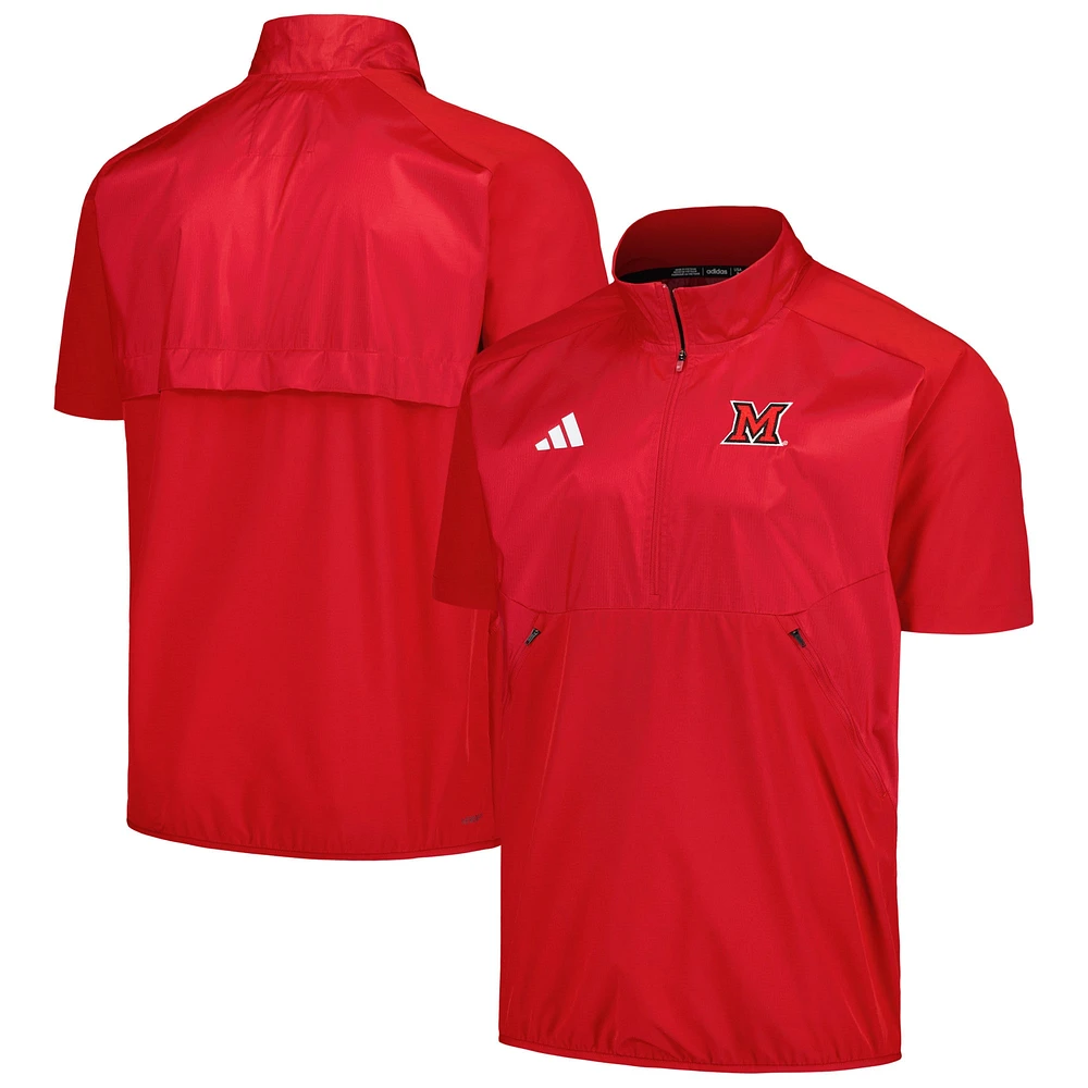 Veste adidas rouge Miami University RedHawks Sideline AEROREADY Raglan à manches courtes et quart de zip pour hommes