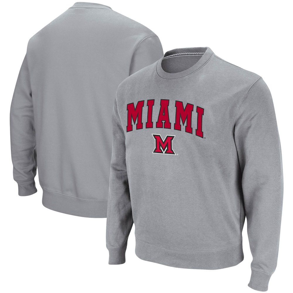 Men's Colosseum Heathered Gray Miami University RedHawks Arch & Logo Tackle Twill Pullover Sweatshirt