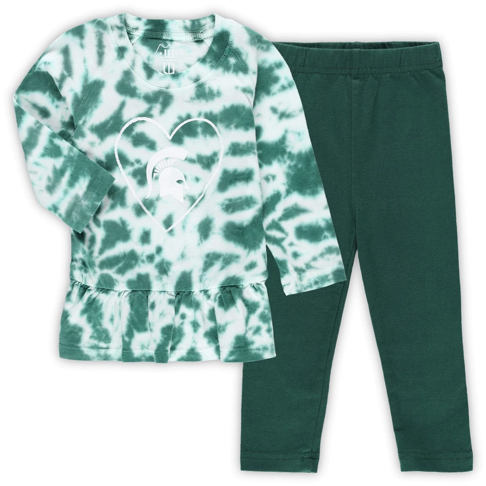 Ensemble t-shirt et leggings à manches longues raglan volants tie-dye Wes & Willy Green Michigan State Spartans pour fille