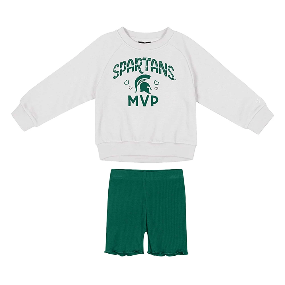 Girls Toddler Colosseum  White/Green Michigan State Spartans Beta Fleece Sweatshirt and Shorts Set