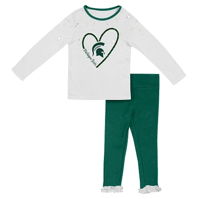 Ensemble t-shirt et leggings à manches longues Colosseum pour filles, blanc/vert, Michigan State Spartans Onstage