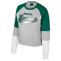 Girls Youth Colosseum Heather Gray Michigan State Spartans Katinka Rhinestone Pullover Sweatshirt