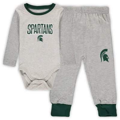Michigan State Spartans Wes & Willy Infant Jie Long Sleeve Bodysuit Pants Set - Heathered Gray/Green